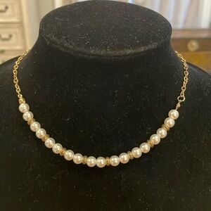 Vintage Gold Tone Faux Pearl Beaded Choker Collar Statement Necklace
